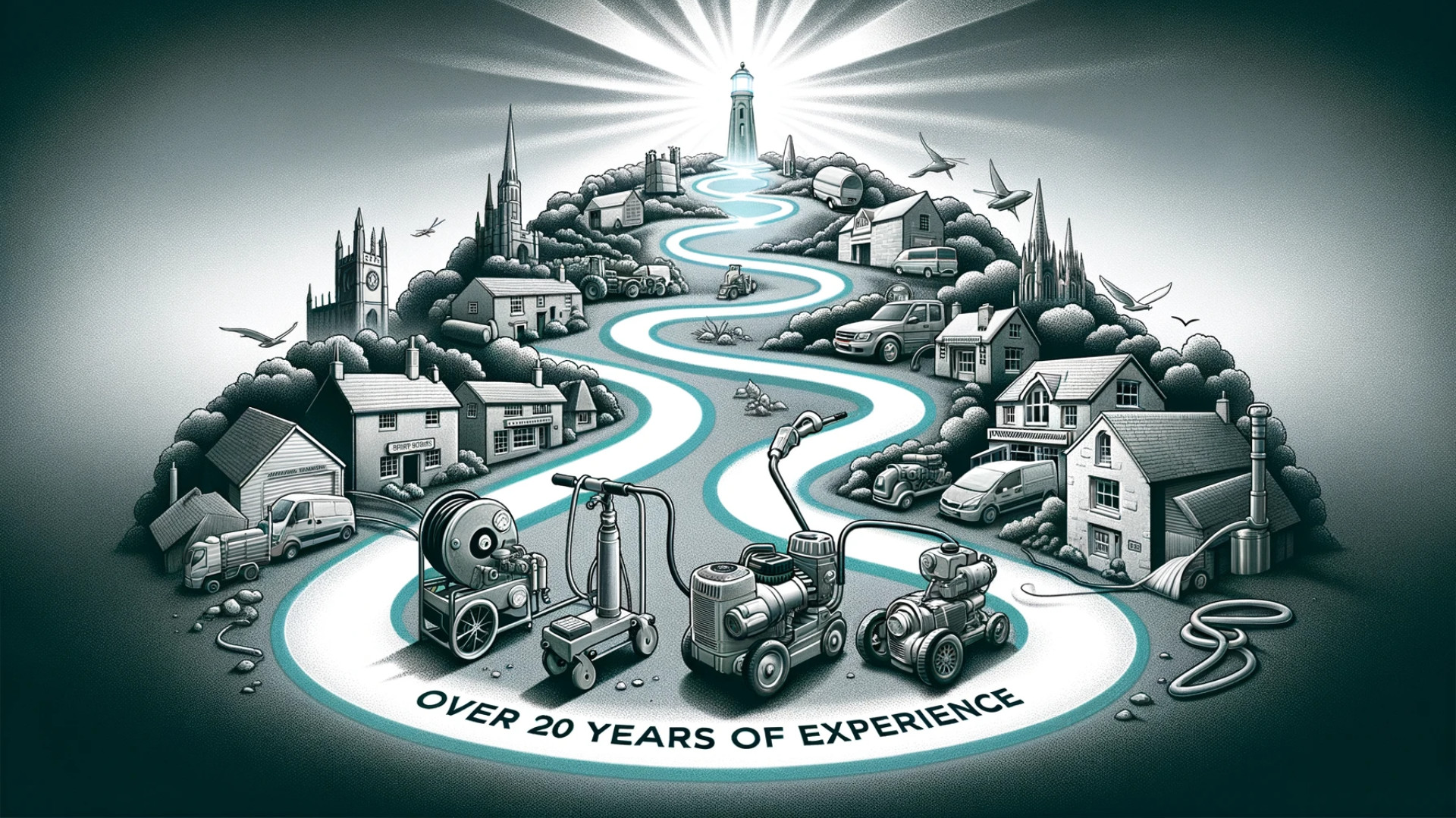 illustration in graphite, cyan, and white colours representing 'Over 20 years of Expertise'. The scene portrays a timeline starting with the foundation of the business, leading to its current success. Along the path, pressure washers and air compressors evolve in design, showing the progression. Landmarks like Builth Wells, Herefordshire, Worcestershire, and Gloucestershire are subtly integrated, with a radiant beacon symbolising quality and trust.