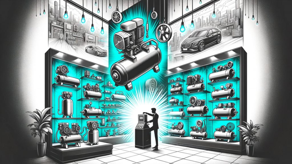 illustration in graphite, cyan, and white colours for 'Air Compressor Sales'. The scene depicts a vibrant store showcasing various models of air compressors. Each model radiates cyan highlights, emphasising their energy efficiency. In the background, silhouettes of industrial and automotive scenes indicate the versatility of the products. A user happily operates a compressor, highlighting its ease and efficiency.