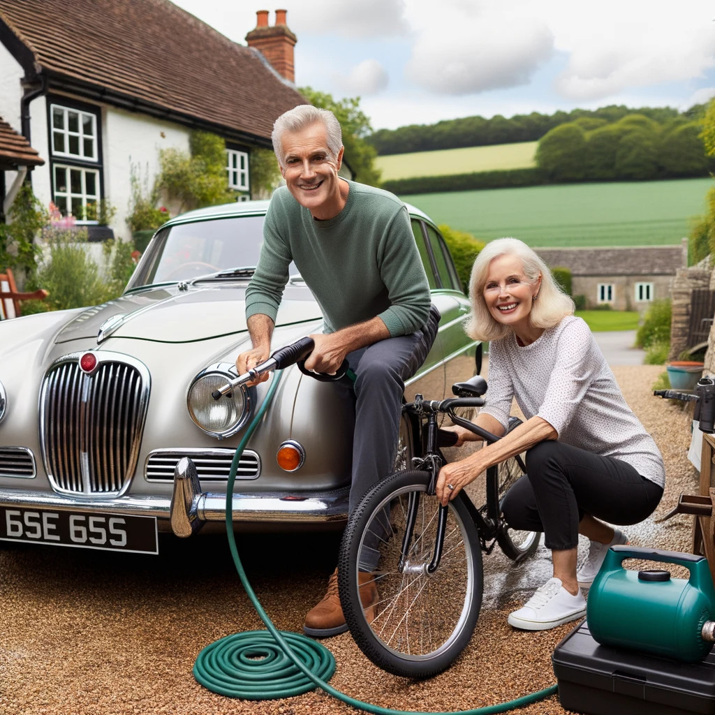 photo of a content British couple in their driveway, which is adjacent to green fields. The man is washing his classic British car with a pressure washer, and the woman uses an air compressor to top up the air in her bicycle tires. A quaint British cottage can be seen in the background.