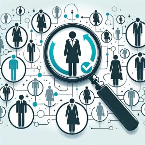 illustration in graphite, cyan, and white colours emphasising 'Customer-Centricity'. A magnifying glass hovers over diverse silhouetted figures, representing personalised attention. Cyan highlights show paths connecting the business to each individual, illustrating tailored services and utmost satisfaction.