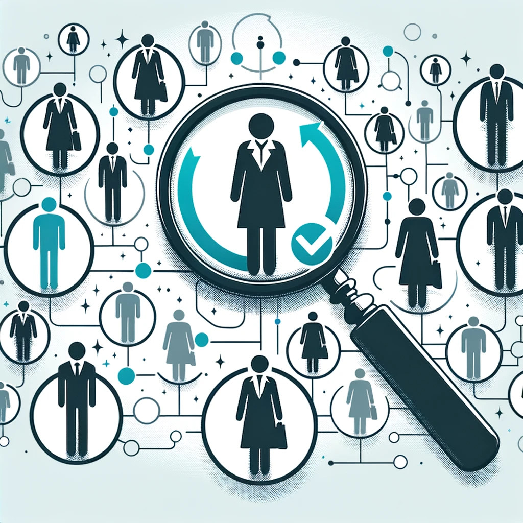 illustration in graphite, cyan, and white colours emphasising 'Customer-Centricity'. A magnifying glass hovers over diverse silhouetted figures, representing personalised attention. Cyan highlights show paths connecting the business to each individual, illustrating tailored services and utmost satisfaction.