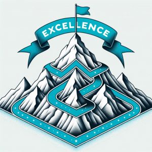 illustration using graphite, cyan, and white tones to highlight 'Excellence'. A mountain peak, symbolising the pinnacle of quality, is shown with a flag planted at its summit. Cyan pathways leading to the peak depict the journey of commitment to setting industry standards.