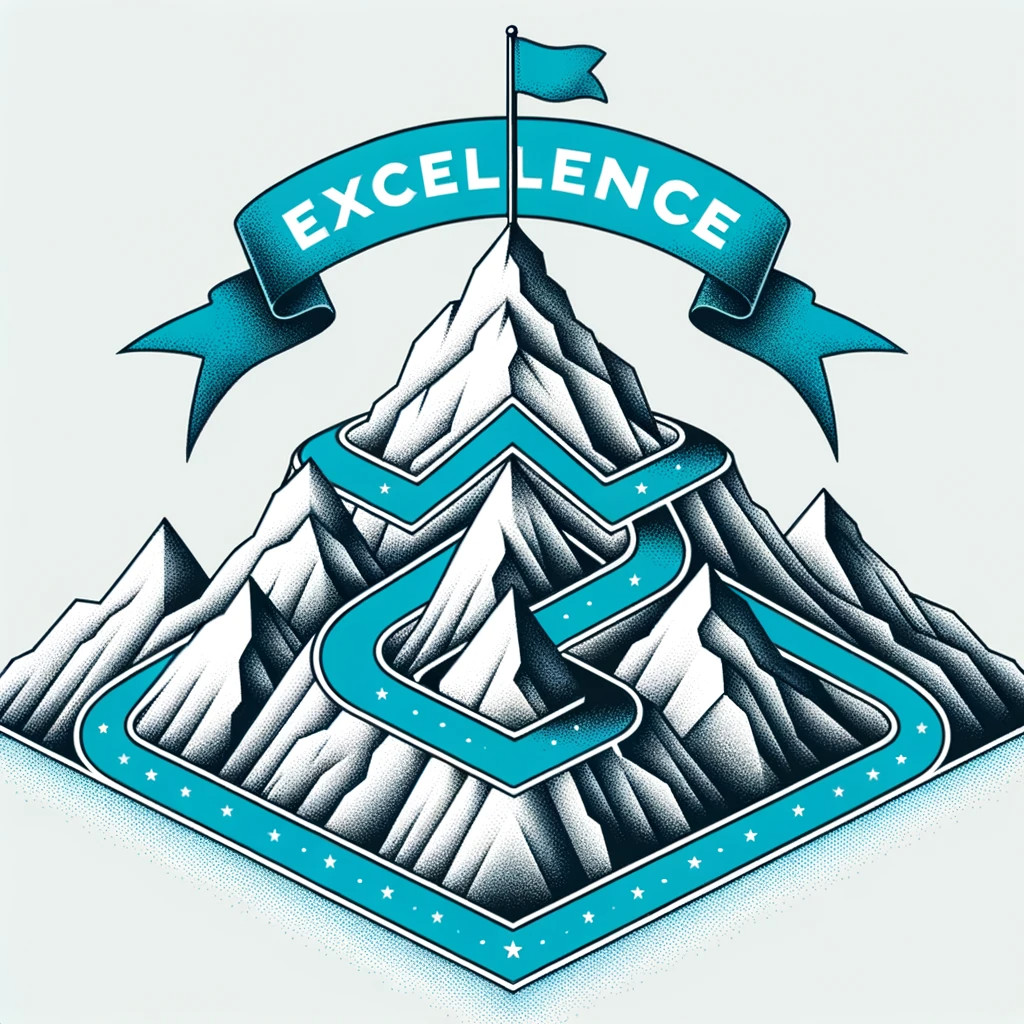 illustration using graphite, cyan, and white tones to highlight 'Excellence'. A mountain peak, symbolising the pinnacle of quality, is shown with a flag planted at its summit. Cyan pathways leading to the peak depict the journey of commitment to setting industry standards.