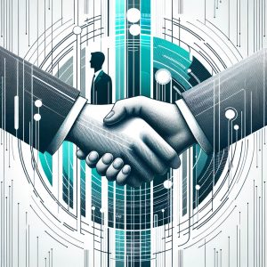 illustration in graphite, cyan, and white colours emphasising 'Integrity'. A handshake between two silhouetted figures is prominently featured, denoting trust and professionalism. The background is adorned with transparent patterns, symbolising transparency, with cyan highlights accentuating key elements of reliability.