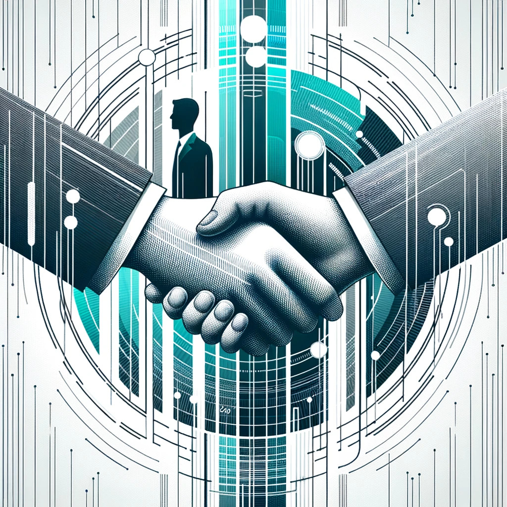 illustration in graphite, cyan, and white colours emphasising 'Integrity'. A handshake between two silhouetted figures is prominently featured, denoting trust and professionalism. The background is adorned with transparent patterns, symbolising transparency, with cyan highlights accentuating key elements of reliability.