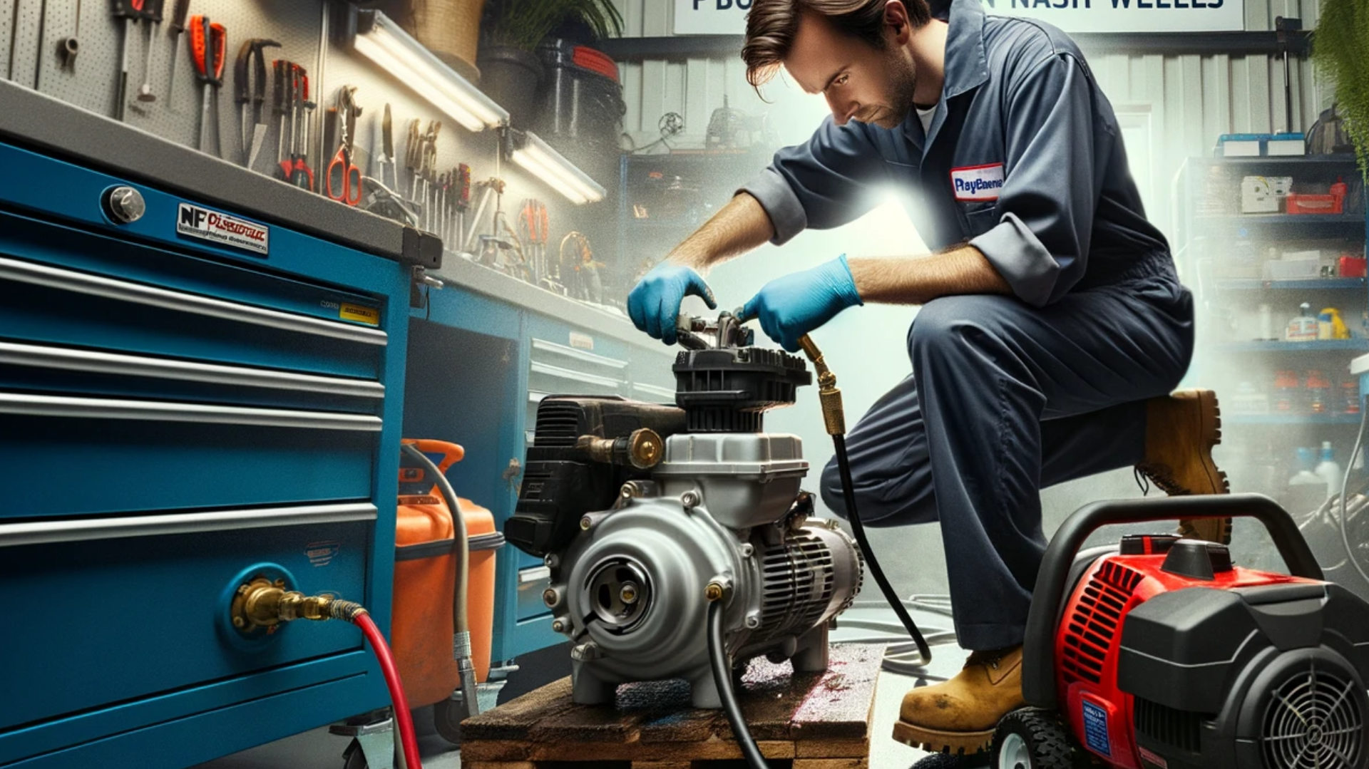 photo emphasizing the repair services of NF Pressure in Builth Wells. A technician is deeply involved in the repair of a pressure washer, with an air compressor next in line. The workshop ambiance is calm and professional, with every tool in its designated spot. A sign or banner in the scene proclaims 'Trusted Repairs with 20+ Years of Expertise', reinforcing the business's reputation and reliability.