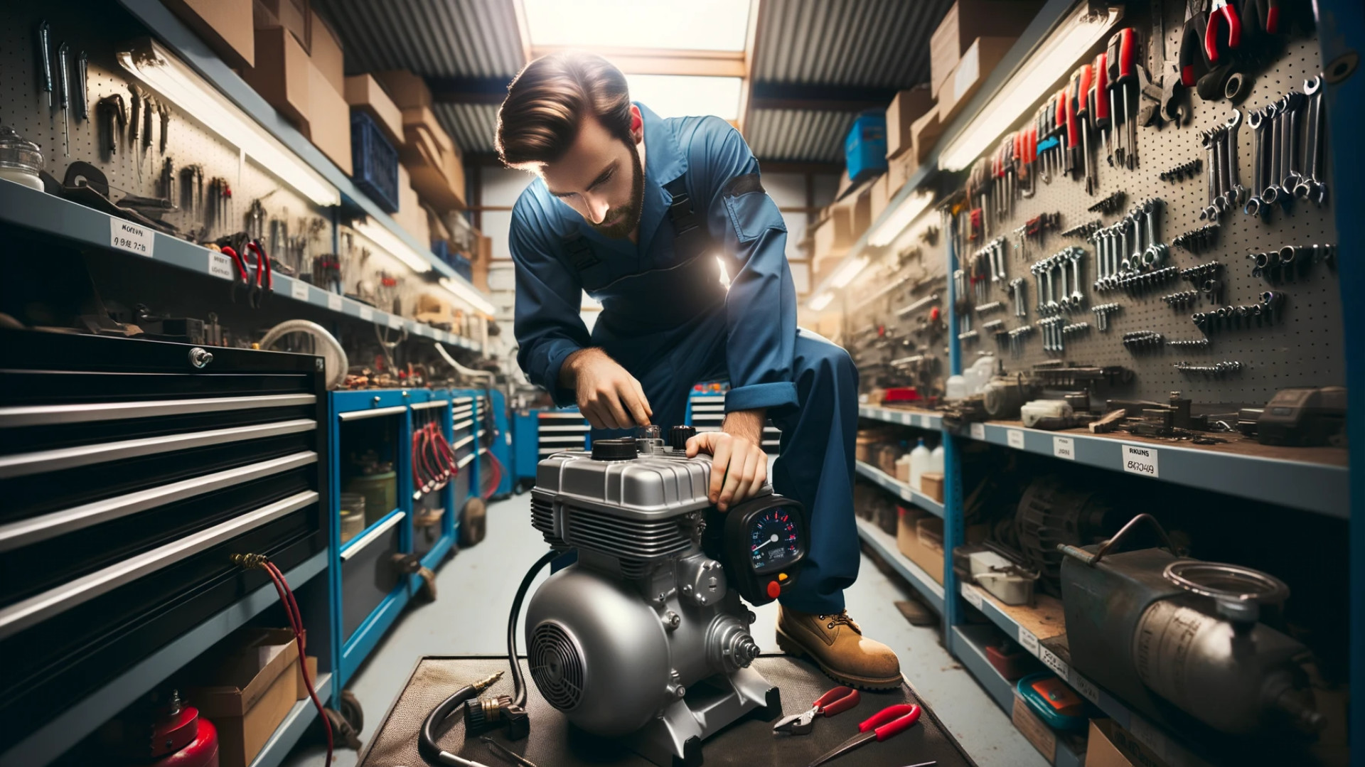 photo highlighting a professional one-man servicing shop in Builth Wells. The sole technician is seen expertly diagnosing an issue with an air compressor. The workshop is bathed in natural light, and every tool and part has its designated spot. The scene exudes confidence, expertise, and the personal touch that comes with a one-man operation.