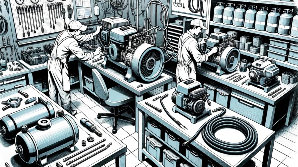 illustration using graphite, cyan, and white tones highlighting a servicing workshop for pressure washers and air compressors. Technicians are seen meticulously examining and fixing machines. Spare parts, like hoses and nozzles, are laid out on workbenches.