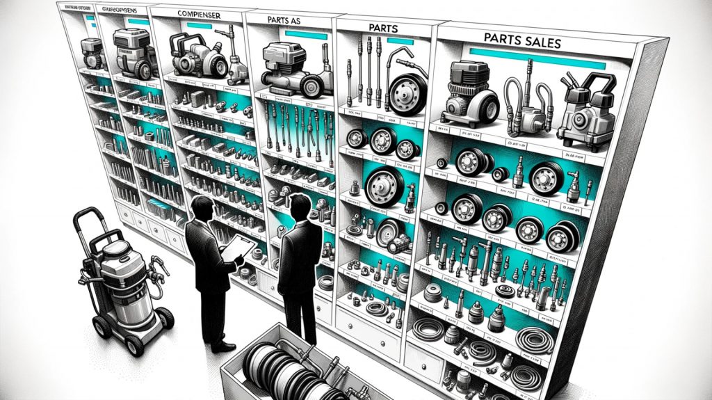 illustration using graphite, cyan, and white tones emphasising 'Parts Sales'. A series of shelves neatly arranged showcase various parts for pressure washers and air compressors. Cyan highlights pinpoint specific components like nozzles and hoses. In the foreground, a customer consults with a staff member, discussing their requirements and ensuring they get the right part.