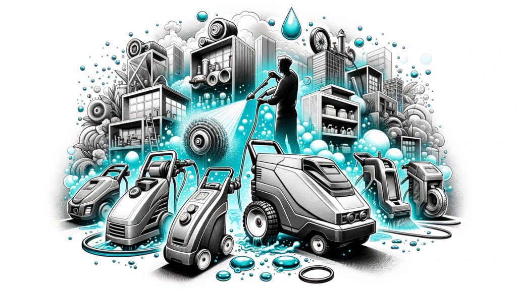 illustration in graphite, cyan, and white colors for 'Pressure Washer Sales'. The scene showcases an array of pressure washers, from compact residential units to robust commercial machines. Cyan highlights emphasize the top-tier features of the products. In the background, splashes of water and bubbles convey cleanliness, while a user effortlessly operates a machine, symbolizing ease of use.