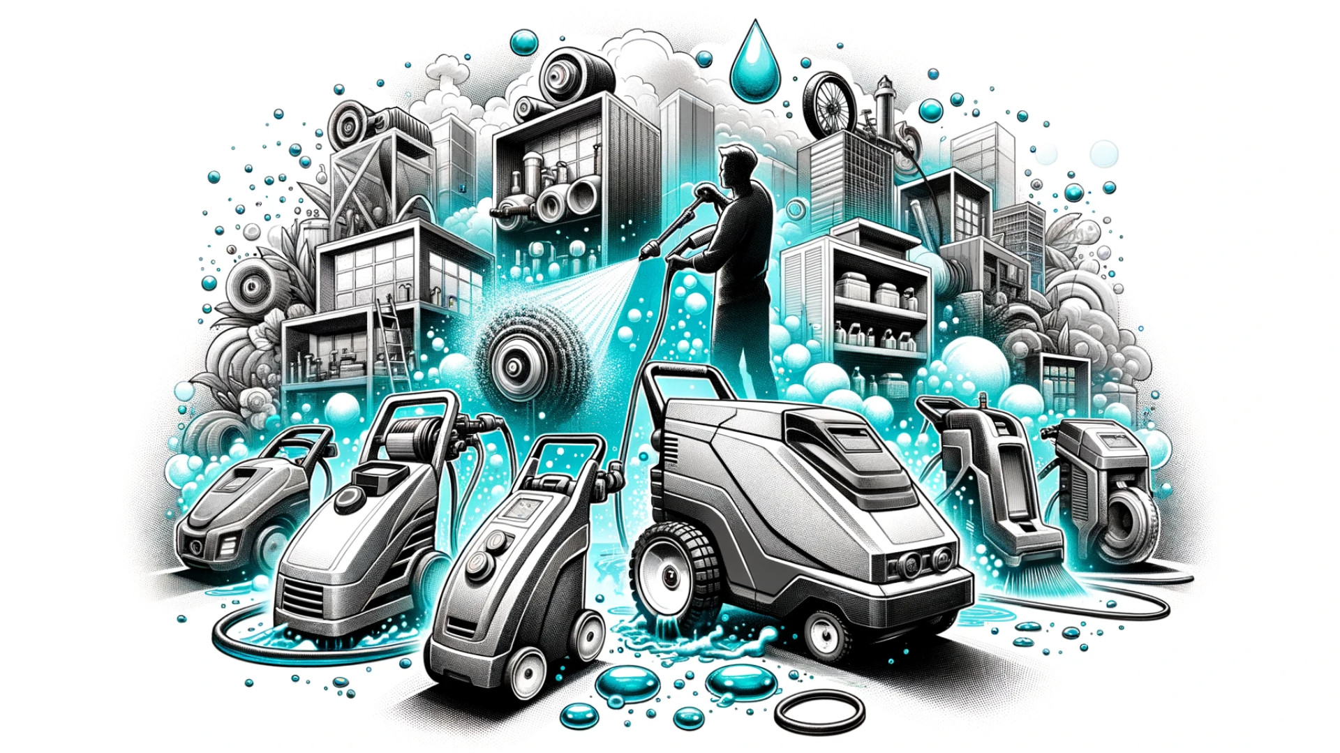 illustration in graphite, cyan, and white colors for 'Pressure Washer Sales'. The scene showcases an array of pressure washers, from compact residential units to robust commercial machines. Cyan highlights emphasize the top-tier features of the products. In the background, splashes of water and bubbles convey cleanliness, while a user effortlessly operates a machine, symbolizing ease of use.